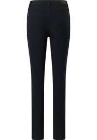 Schwarze Hosen aus dehnbarem Stoff, mit schmaler Passform, geraden Beinen, zwei Gesäßtaschen und einem glatten Taillendesign.