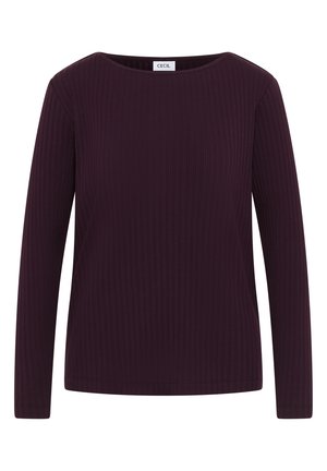 Burgundy pitkähihaisessa paidassa on ribattua tekstuuria, pyöreä pääntie ja brändin etiketti kaulassa; yksinkertainen ja vartaloa myötäilevä muotoilu.