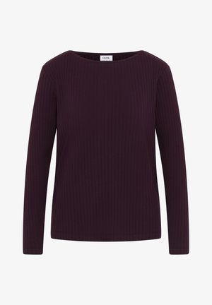 Burgundy pitkähihaisessa paidassa on ribattua tekstuuria, pyöreä pääntie ja brändin etiketti kaulassa; yksinkertainen ja vartaloa myötäilevä muotoilu.