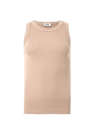 Beige ribbed sleeveless top with a round neckline and slight stretch. Smooth texture with no visible hardware or patterns.