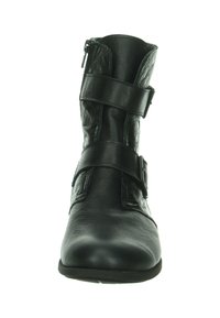 Schwarze Knöchelstiefel aus strukturiertem Leder, mit zwei verstellbaren Riemen und einem seitlichen Reißverschluss für einfaches An- und Ausziehen. Flache Sohle mit runder Zehenform.