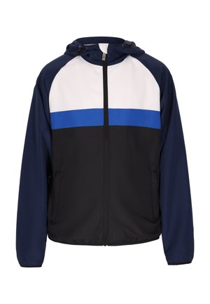 Kapuzenshirt mit Reißverschluss vorne. Farbblockiertes Design in Marineblau, Schwarz und Weiß, mit einem blauen horizontalen Streifen über der Brust.