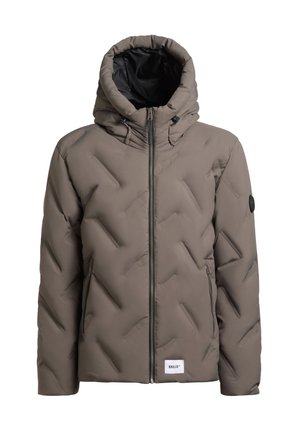 Giacca imbottita grigia con cappuccio, caratterizzata da un motivo a rombi diagonale, chiusura frontale con zip e tasche laterali. Include una fodera interna nera.