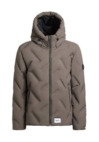 Giacca imbottita grigia con cappuccio, caratterizzata da un motivo a rombi diagonale, chiusura frontale con zip e tasche laterali. Include una fodera interna nera.