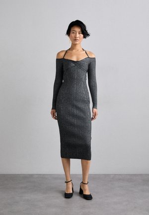 Gray fitted dress with off-shoulder long sleeves and textured pattern. The mid-length design features a wrap style and smooth fabric.