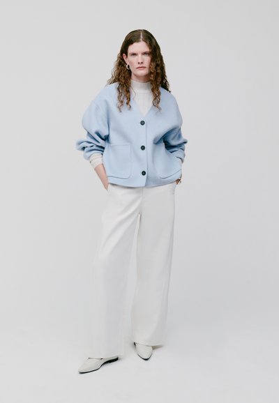 Lichtblauwe oversized wollen cardigan met een V-hals, vijf zwarte knopen, twee voorzakken, gecombineerd met witte wijde broek en puntige schoenen.