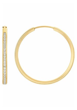 Gold hoop earrings featuring a sleek design with a textured finish and a row of small, clear gemstones along one side.