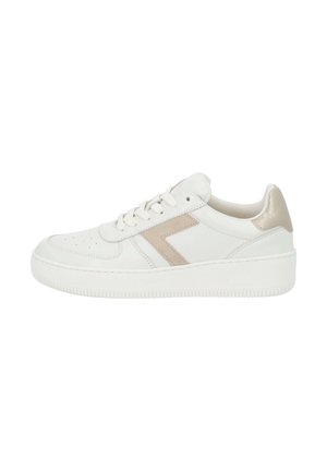 White leather sneaker with a beige suede accent, perforated toe box, and a thick rubber sole. Laces in matching color. Textured heel cap.