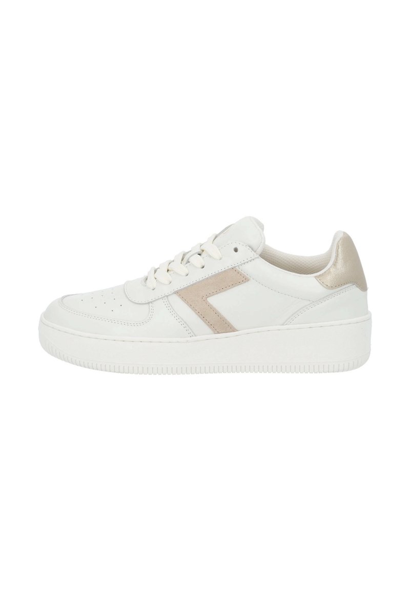 Weiße Ledersneakers mit beigem Wildlederakzent, perforierter Zehenbox und dicker Gummisohle. Schnürsenkel in passender Farbe. Strukturierte Fersenpartie.