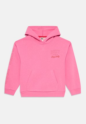Ružová mikina vyrobená z mäkkej tkaniny, s prednou kapsou, rebrovými manžetami a vyšitým logom "ROXY 90 Stay Salty".