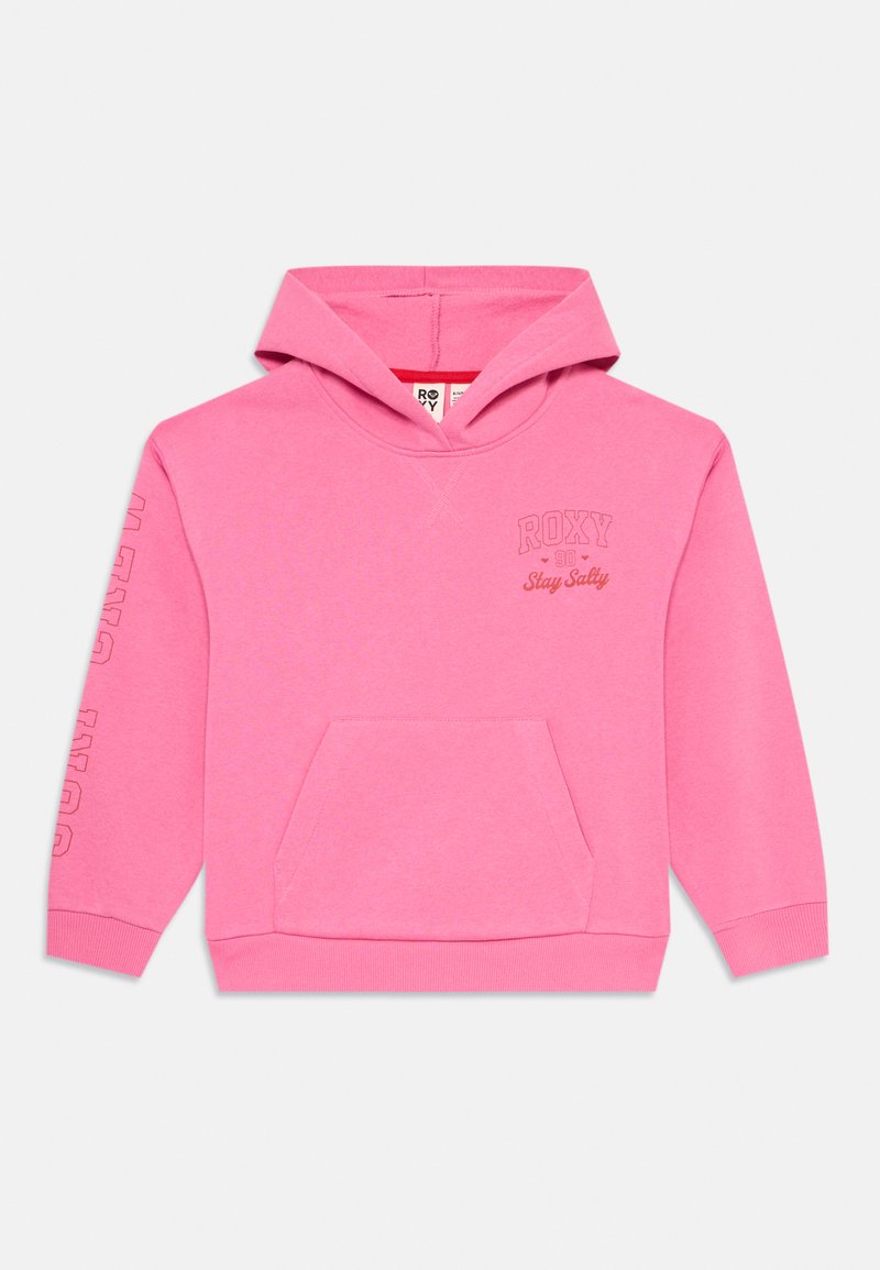 Sweatshirt rosa feito de tecido macio, com um bolso frontal, punhos canelados e logo bordado "ROXY 90 Stay Salty".