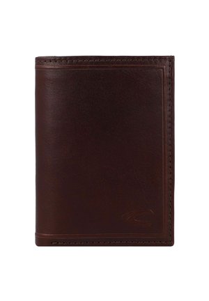 Brown leather wallet with a smooth texture, featuring a simple design and stitched edges, embossed logo in the bottom corner.