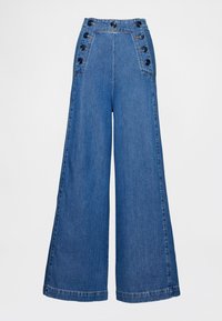 Midjeförsedda, vida jeans i mediumblå denim med knappar framtill, sidofickor och en slät yta.