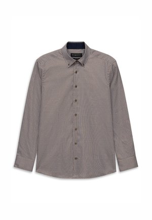 Camicia da uomo a maniche lunghe con bottoni, caratterizzata da un piccolo motivo geometrico in tonalità di marrone e beige, con colletto a punta e polsini con bottoni.