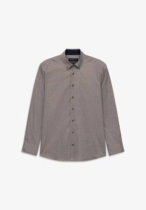 Camicia da uomo a maniche lunghe con bottoni, caratterizzata da un piccolo motivo geometrico in tonalità di marrone e beige, con colletto a punta e polsini con bottoni.