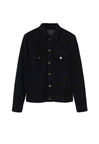 Giubbotto di jeans nero con colletto, chiusura frontale con bottoni, due tasche sul petto e due tasche laterali. Texture liscia e design classico.