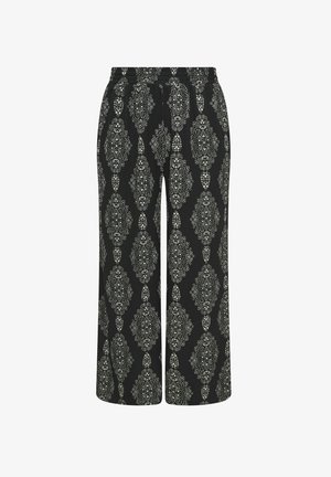 Pantaloni neri a gamba larga con motivi floreali e geometrici bianchi intricati, vita elastica e lunghezza corta.