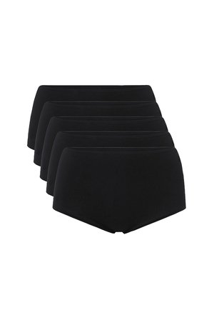 Five pairs of high-waisted black cotton briefs with smooth texture and stitched waistband, stacked in a row.