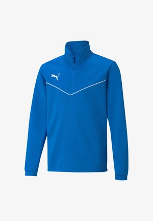 Blauwe sportieve pullover met hoge kraag, halve rits, witte accenten en logo. Gemaakt van gladde stof en voorzien van een chevron ontwerp op de borst.
