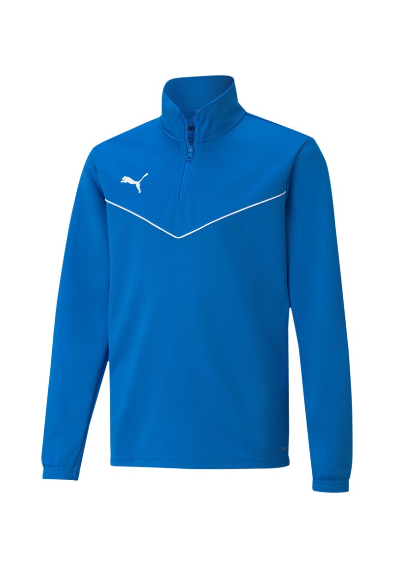 Pullover atletico blu con colletto alto, zip a metà, dettagli bianchi e logo. Realizzato in tessuto morbido, presenta un design a chevron sul petto.