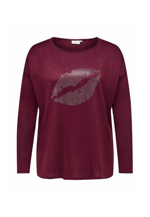Bordeaux lange mouw top van een zachte stof met een zilveren strass lippenprint op het midden, ronde halslijn en een relaxte pasvorm.