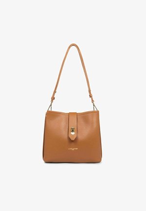 Sac à main en cuir brun avec une finition texturée, un rabat repliable avec un fermoir doré et une sangle unique pour l'épaule.