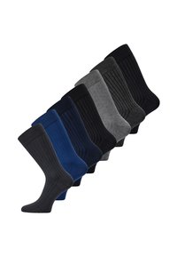 Paquete de ocho pares de calcetines en negro, gris oscuro, gris claro, azul marino y azul. Presenta una textura acanalada y tonos variados. Material de mezcla de algodón.