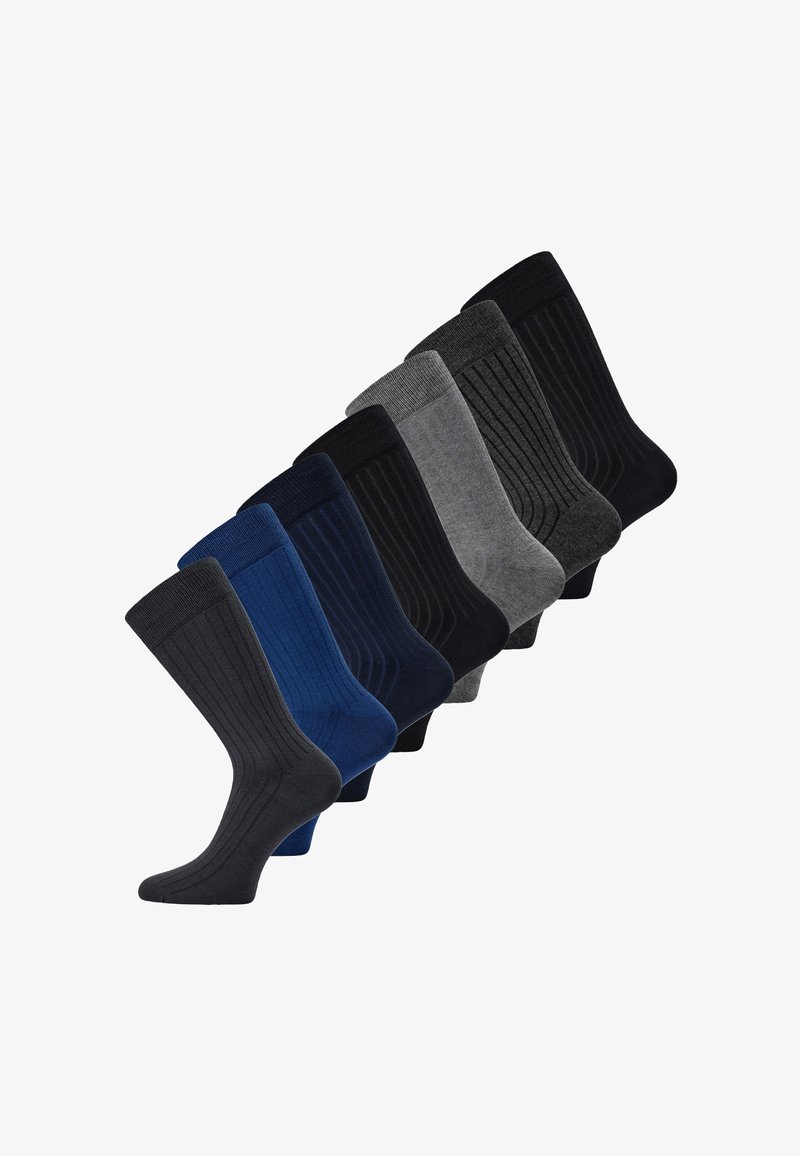 Pakke med otte par sokker i sort, mørkegrå, lys grå, marineblå og blå. Har ribbet tekstur og varierende nuancer. Blend af bomuldsmateriale.