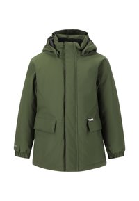 Groene waterdichte jas met een capuchon, elastische manchetten, twee zijzakken en een ritssluiting. Gemaakt van duurzaam materiaal met een soepele textuur.
