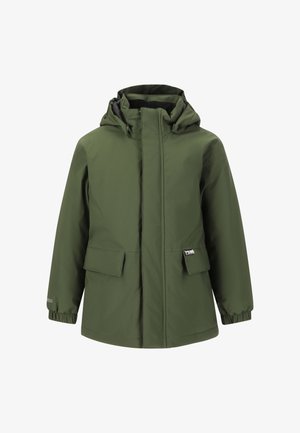 Vihreä vedenpitävä takki, jossa on huppu, joustavat hihansuut, kaksi etutaskua ja vetoketjukiinnitys. Valmistettu kestävästä kankaasta, jossa on sileä pinta.