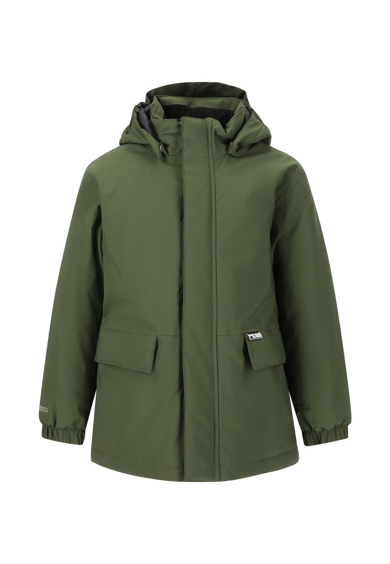 Groene waterdichte jas met een capuchon, elastische manchetten, twee zijzakken en een ritssluiting. Gemaakt van duurzaam materiaal met een soepele textuur.