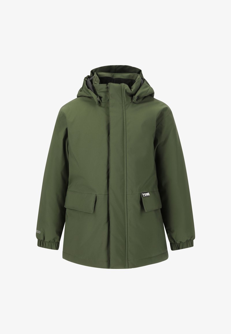 Groene waterdichte jas met een capuchon, elastische manchetten, twee zijzakken en een ritssluiting. Gemaakt van duurzaam materiaal met een soepele textuur.