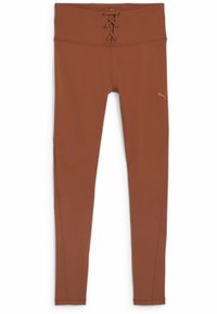 Brune leggings lavet af strækbart materiale, med høj talje og snøredetalje, glat tekstur og et lille logo på siden.