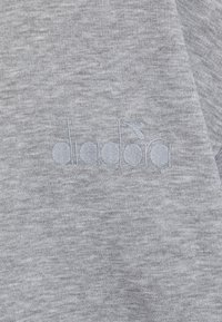 Felpa grigia caratterizzata da un tessuto leggermente texturizzato, con un logo "diadora" ricamato di un azzurro chiaro sulla parte frontale.