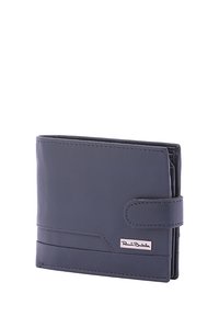 Navy-blauwe leren portemonnee met een gestructureerd oppervlak, gestikte details, een drukknoopsluiting en meerdere Kaartsleuven. Compact en rechthoekig ontwerp.