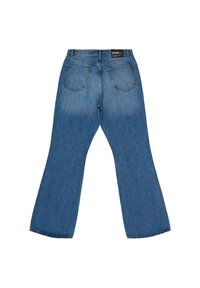Denim flared jeans in medium blue with a faded finish, featuring a waistband label, two rear pockets, and a slight fray at the hem.