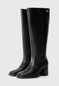 Bottes noires en cuir montantes jusqu'au genou avec un bout pointu et un talon bloc. Dotées d'un accent doré près du haut. Texture lisse et design élégant.