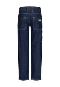 Pantaloni cargo in denim blu scuro con gamba dritta, due tasche posteriori, una tasca laterale e cuciture a contrasto. Design della vita standard.
