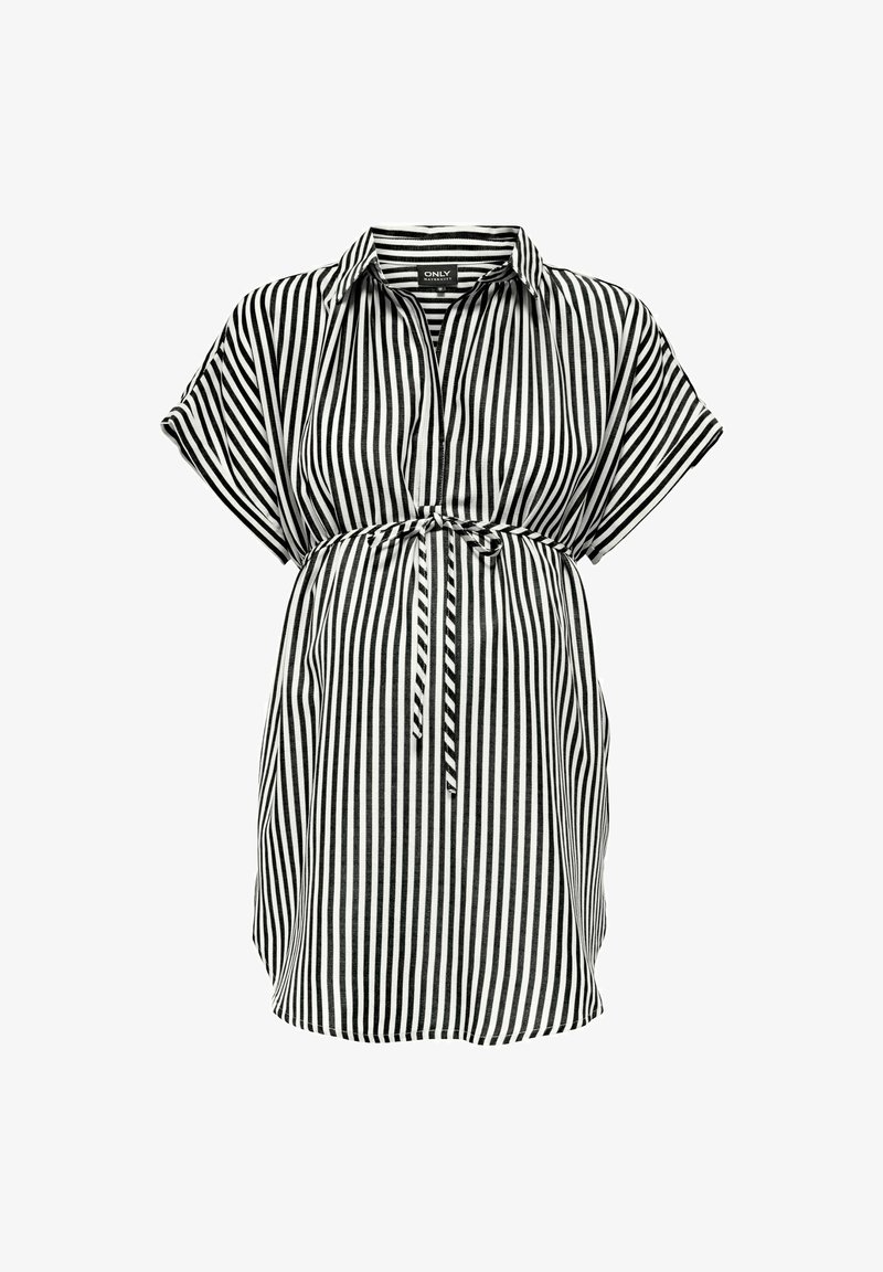 Robe de maternité à manches courtes rayée noir et blanc verticalement, avec col et ceinture à nouer ajustable à la taille.