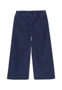 Granatowe, sztruksowe spodnie o szerokich nogawkach z elastycznym pasem, długości do kostek, bez widocznych kieszeni i ozdób.