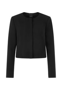 Black cropped jacket with long sleeves, round neckline, and front closure. Fabric appears smooth with no visible patterns or accents.