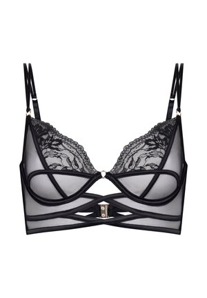 Soutien-gorge en dentelle noire transparente avec bretelles doubles réglables, bonnets à armatures, détails découpés et fermeture à agrafe à l'avant.