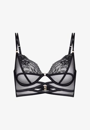 Soutien-gorge en dentelle noire transparente avec bretelles doubles réglables, bonnets à armatures, détails découpés et fermeture à agrafe à l'avant.