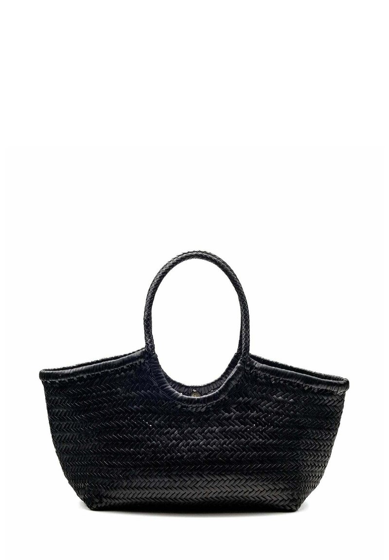 Sac fourre-tout tissé noir avec une double anse arrondie, présentant un motif texturé et un design à ouverture sur le dessus. Léger et spacieux.