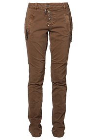 Brown, fitted pants with a zip fly, multiple button closure, and side zip pockets; made from textured cotton fabric.