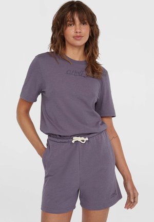 Purple cotton blend two-piece set featuring a short-sleeve top with embroidered logo and elastic waistband shorts with drawstring.