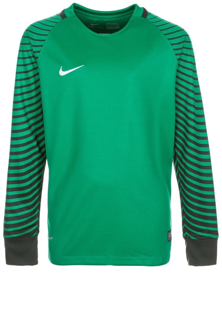 T-shirt de sport à manches longues vert avec des manches à rayures noires et vertes. Il présente un col rond et un logo Nike blanc sur la poitrine.