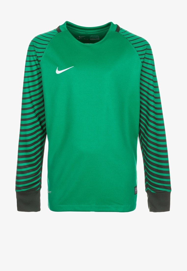 T-shirt de sport à manches longues vert avec des manches à rayures noires et vertes. Il présente un col rond et un logo Nike blanc sur la poitrine.