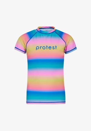 Kurzarm-Rashguard in mehrfarbigen Farbverläufen von Pink, Blau und Grün, mit Flatlock-Nähten und einem runden Ausschnitt. Logo auf der Brust.