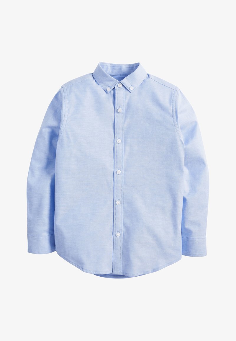 Chemise bleu clair à manches longues avec boutons et col boutonné, présentée sur fond blanc.